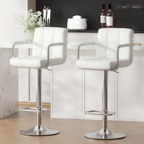 Ckaff Barhocker 2er Set, Barstuhl höhenverstellbar aus PU-Leder, 360°Drehstuhl Küchenstuhl mit Armlehnen, Rückenlehne und Fußstütze für Küche, Wohnzimmer, Esszimmer, Weiß