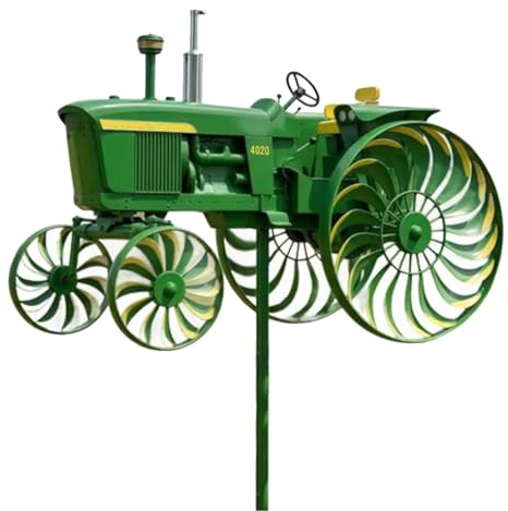 Introti Grüner Traktor Windrad Pfahl Dekorative Windmühle Outdoor Traktor Windspiel für Hof und Garten Geschenk für Familie oder Freunde
