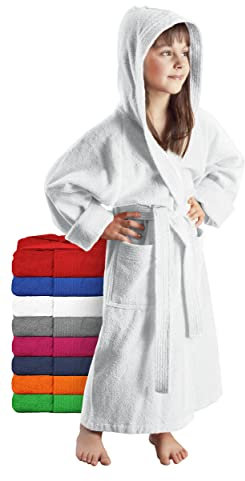 Arus - Peignoir de Baine Enfant, Fille, Garçon et Ado, à Capuche, 100% Coton Tissu Éponge, Couleur : Blanc, Taille: 152