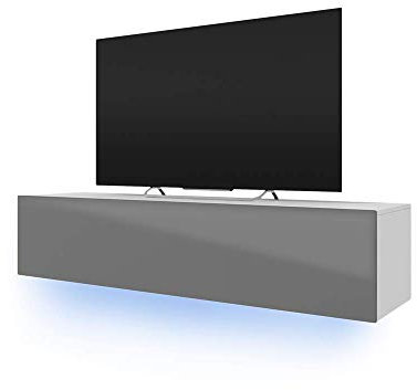 Selsey LANA - Mobile TV Sospeso/Luci LED Blu/Bianco Opaco con Frontale Grigio Lucido / 160 cm