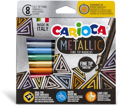 Carioca Metallic-Marker mit feiner Spitze, 8 Filzstifte mit Metallic-Finish für alle Oberflächen, auf Wasserbasis, Blockspitze, aus recyceltem Material