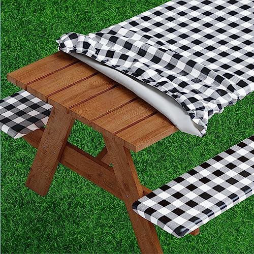 Sorfey Picknick-Tischdecke mit Bänken, elastisch, Vinyl mit Flanell-Rückseite, passend für rechteckige Tische, 76,2 x 152,4 cm, wasserdicht, kariertes schwarzes Design
