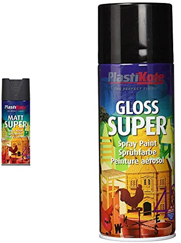 Plasti-Kote 3101 400ml Super Spray Paint - Matt Black & PKT1100 1100 400ml Super Gloss Spray Paint-Black