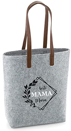 Filztasche 'Beste Mama' | Damen-Tasche mit Motivdruck | Bedruckt und Personalisiert mit Blumenkranz und Spruch | Shopper Geschenk Mama Oma (Hellgrau)