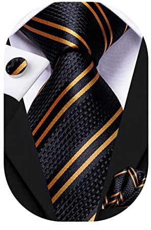 Hi-Tie Herren Krawatte Schwarz Paisley/Plaid/Streifen/Einfarbig Krawatten Set Einstecktuch Manschettenknöpfe Business Formal Hochzeit Meeting Geschenkbox,schwarzgoldener Streifen