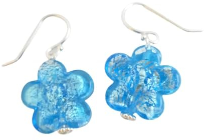 Pendientes de plata de ley con flores azules de cristal de Murano