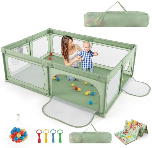 COSTWAY 205 x 147cm laufstall baby mit Matratze, Laufstall baby faltbar, Laufgitter mit 50 Bällen & 2 Türen, atmungsaktivem Netz & Reißverschluss, Laufgitterzelt für Säuglinge und Kleinkinder (Grün)