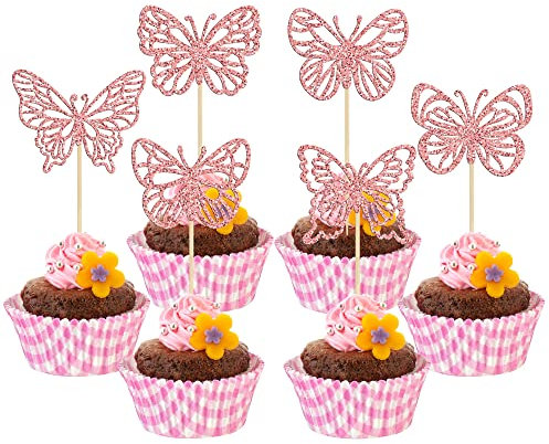 Gyufise 36Pcs Glitter Rose Gold Butterfly Cupcake Toppers Hollow Art 3D Butterfly Cupcake Pick Decorations for Butterfly Theme Baby Shower Wedding Anniversary Kids Birthday Party Supplies