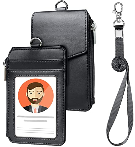 OFFCUP Porte Badge en Cuir PU, Porte Badge Tour de Cou avec 4 Emplacements et Cordon Rétractable Pour Cartes et Poche Zippée, pour Le Travail, L'école, Noir