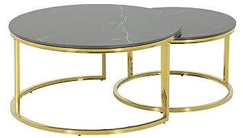 Hela Tische, 2er Set Couchtisch Wohnzimmertisch Joel, Rund, Sofatisch, Echtstein in Marmoroptik Glanz Schwarz, Metallgestell Gold, Ø 80+Ø 60cm