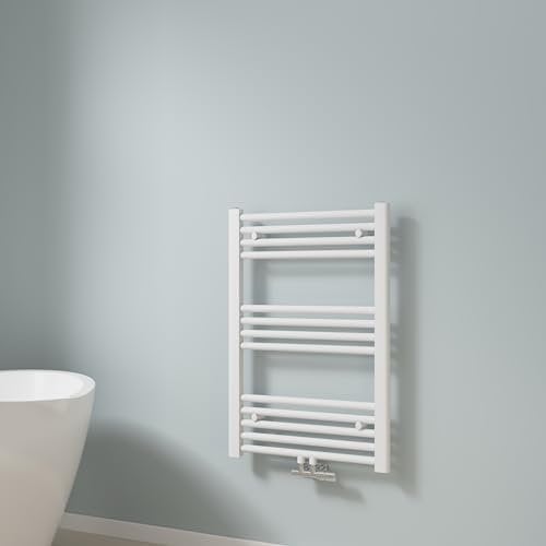 EMKE Toallero Baño Radiador, 75 x 50 cm, Tubo Redondo, Blanco, secador de Toallas con conexión Central, radiador secador de Toallas de Agua Caliente