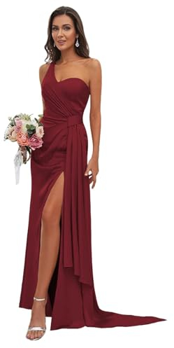 One Shoulder Brautjungfernkleider für Frauen Lange Satin Slim Rüschen Ballkleider Formelle Abendkleider mit Schlitz Light Burgundy M
