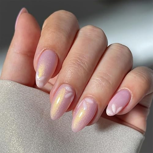 24 Stück Press on Nails Kurz, Oval Natürlich Rose French Nägel Zum Aufkleben, Fingernägel zum Aufkleben Acryl Fake Nails Full Cover für Frauen Nail Art, Vollständig Bedeckende (Pink pearl, 24x)