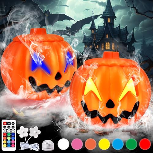 Ulikey Calabaza Halloween con Luz, Máquina de Humo Mini con Luces de 12 Colores, 4 Modos de Iluminación, Cubo de Calabaza, Decoracion Halloween Calabaza para Hogar, Reunirse (2)