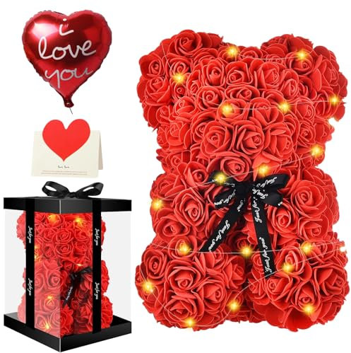 UCAMP Orsetto di fiori di Rosa,Orso Di Rose,set di orsetto di rose con scatola regalo,luci a LED,biglietto d'amore e palloncino,regalo per la festa della mamma,San Valentino,anniversario (25 x 18 cm)