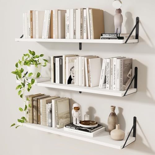 Feihorrm Set of 3 Book Shelf, White Shelves, 90cm Wall Shelves | Wooden Shelves, Shelves for Wall, Wall Mounted Shelves, Bookshelf for Bedroom, Living Room, Home Office & Book Storage