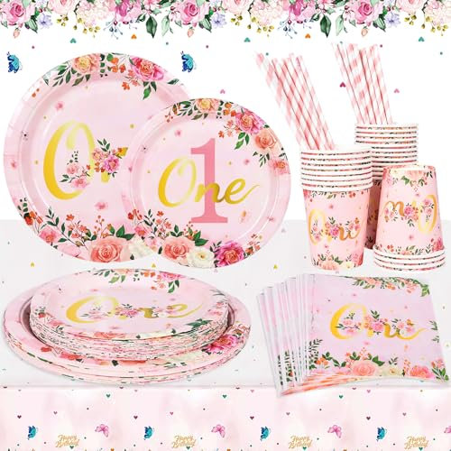 colmanda 121 Piezas Juego de Vajilla de Fiesta, Vajilla Rosa Flores Party Supplies para 1 Cumpleaños para Niña, Baby Shower Fiesta de Cumpleaños, Platos y Vasos para Cumpleaños Sirve 24 Invitados
