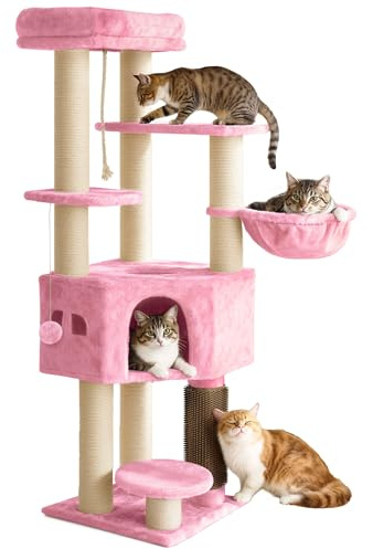 YITAHOME Kratzbaum, Katzenkratzbaum, für Große Katze, Katzenbaum, Katzenbürsten, 11 cm Dicke Stämme, Große Plattformen, Plüschkissen, Höhle, 50 x 50 x 157 cm, Rosa