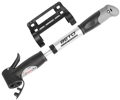 BETO Double HxS Minipumpe, Handpumpe, Fahrradpumpe, Luftpumpe, mit Manometer, 125psi, 8,5bar, AV, DV, FV, Autoventil, Dunlopventil, Französisches Ventil, Softgrip, aus Aluminium