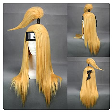 COSPLAZA Perücke Deidara Cosplay Wig Lang Gold Gelb Anime Haar Männer Frauen Anime Kostüm Halloween Perücken