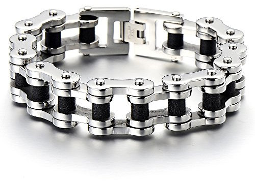 COOLSTEELANDBEYOND Poliert und gebürstet Klassiker Herren-Armband Fahrradkette Motorradkette aus Edelstahl Silber Schwarz Zwei Töne Poliert