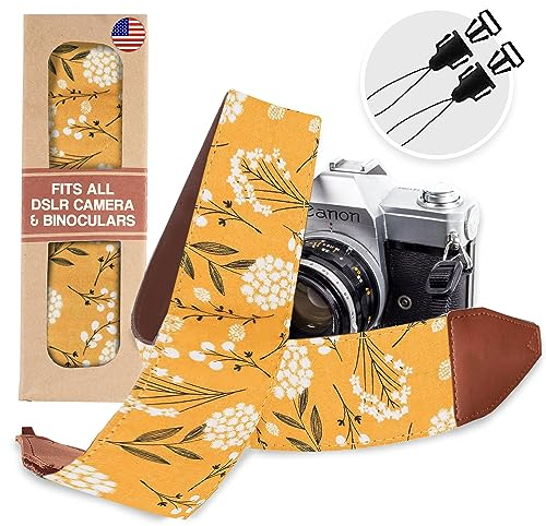 Spring Blossom Flowers Camera Shoulder Strap Belt For All DSLR Camera–Vibrant Design Universal Strap, Multi Color Neck Belt Gift for Men & Women Photographers, Yellow Flowers