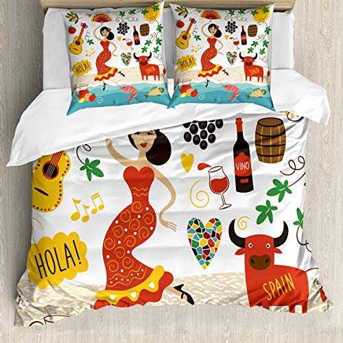 ABAKUHAUS Spanien Bettbezug Set, Bull Gitarre und Tänzer, Milbensicher Allergiker geeignet mit Kissenbezügen, 200 cm x 200 cm - 80 x 80 cm, Rot Weiß