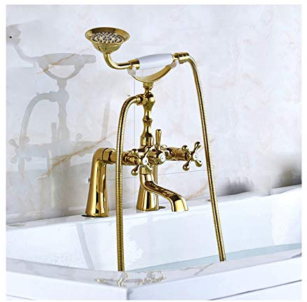 Badewannenarmatur Antik Messing Deck Installation Badewanne Wasserhähne mit Doppelter Griff Bad Duschset mit Handbrause, Badewanne Auslauf