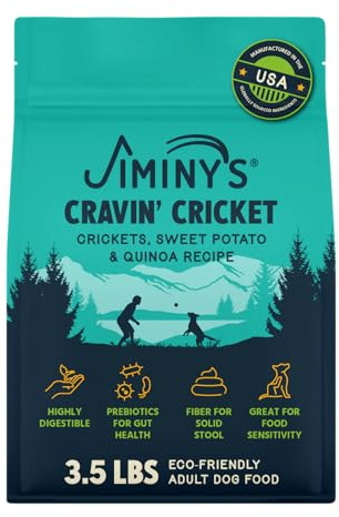 Jiminy's Cravin’ Cricket Dry Dog Food, Sensitive Stomach, Improved Gut Health, Probiotic & Prebiotic, Hypoallergenic, Lower Carbon Footprint, Made in USA, 3.5lb Bag (Pack of 1)