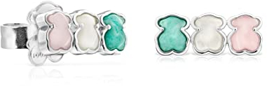 TOUS Ohrringe aus Sterlingsilber für Damen mit 3 Bärenmuster aus Quarzit, Perlmutt und Amazonit 1,2 cm und Druckknopfverschluss, vielseitig und elegant, Mini Color Kollektion