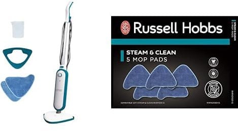 Russell Hobbs RHSM1001-G Steam and Clean Steam Mop White & Aqua with 5 Spare Pads