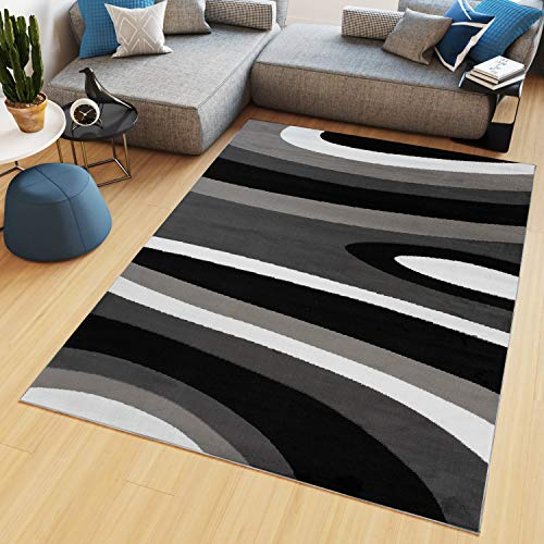 TAPISO Maya Teppich Kurzflor Grau Schwarz Streifen Gestreift 200 x 250 cm | Modern Design Weiß Wohnzimmer Schlafzimmer Büro oeko-tex