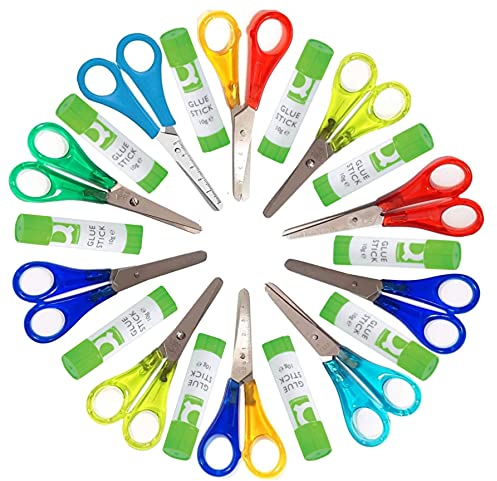 Set Basteln Kinder Bastelschere und Klebestifte Kinderschere Schere für Kinder Kita Hort, Länge 13 cm, aus rostfreiem Stahl 10 Scheren und 10 Klebestifte