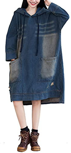 FTCayanz Damen Hoodie Denim Kleid Oversize Kapuzen Jeanskleider Langarm Pullover Kleider mit Taschen 3-Denim Blau