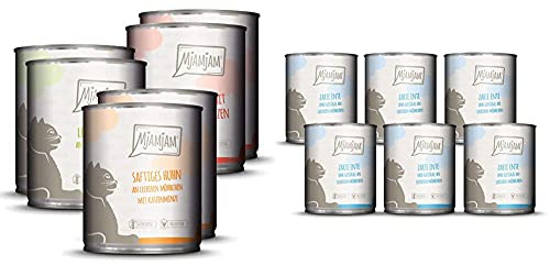 MjAMjAM - Premium Nassfutter für Katzen - Mixpaket 1 - Huhn, Rind, Herzen, 6er Pack (6 x 800g) & Premium Nassfutter für Katzen - zarte Ente & Geflügel an leckeren Möhrchen, 6er Pack (6 x 800 g)