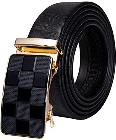 Barry.Wang Luxuriöser Herren-Gürtel, mit goldfarbener Schnalle, Ratsche, Designer-Gürtel, schwarzes Leder, Geschenk-Box, Gürtel für Kleider, Jeans, Schwarzes Schachkaro, Small