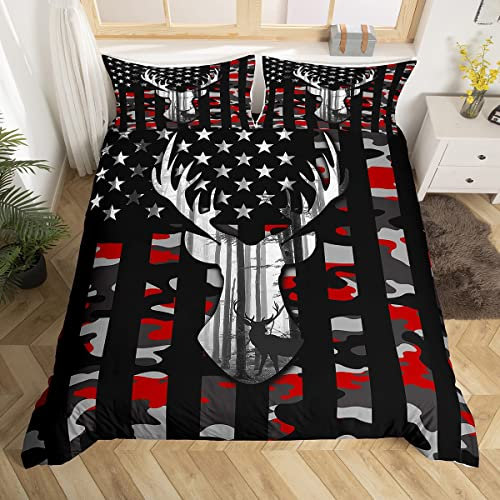 Camouflage-Bettwäsche, Motiv: USA-Flagge, King-Size, Rot, Schwarz, Grau, Camouflage, Geweih und Bäume, amerikanische Flagge, Polyester-Bettwäsche-Set mit 2 Kissenbezügen
