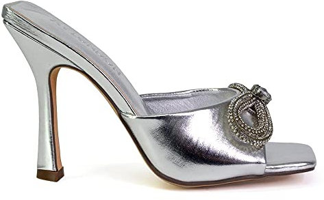 Womens Diamante Bow Stiletto Sandals Ladies Slip On High Heel Mule Shoes Silver Metallic