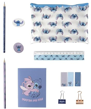 Disney Lilo e Stitch Set di Cancelleria, Include Matita, Righello, Taccuino A6, Gomma, Temperamatite, Note Adesive, Clip, Matita Colorata, Astuccio, Set Scolastico