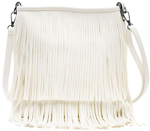 Big Handbag Shop Tassel Fringe Shoulder Bag for Women - Faux Leather Crossbody Messenger with Long Strap - Dakota (White)