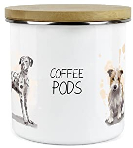 Purely Home Dog Themed Coffee Pods Canister - Dalmation Frenchie Terrier Spaniel - White Metal Enamel Kitchen Food Storage Container