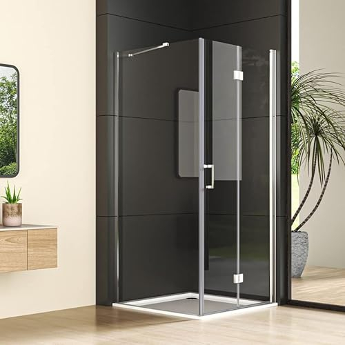 Duschkabine Falttür mit Seitenwand 90x80cm Eckeinstieg Duschabtrennung, Silber Drehfalttür mit festem Seitenteil, beide Seiten faltbar Duschwand mit 6mm Nano ESG Glas, Höhe 195cm