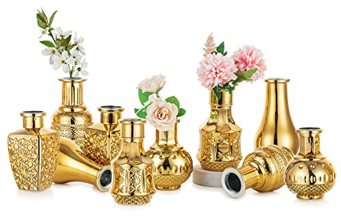 Nuptio Glas Vase Gold 10 Stück Kleine Vasen für Hochzeitstisch Mittelstücke, Goldene Mini Vintage Orchidee Blume Vase Dekorative für Geburtstag Party Baby Dusche Empfang Nach Wohnzimmer Dekoration