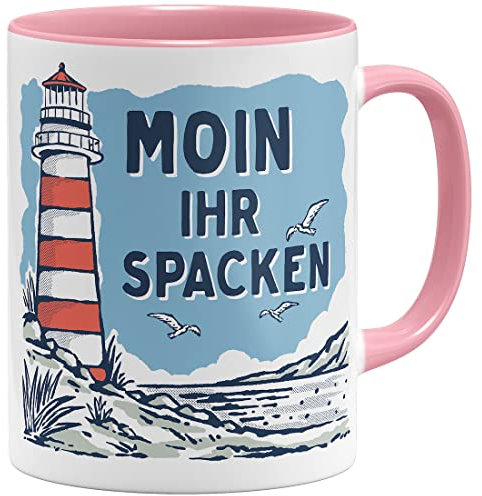 OM3® lustige Kaffee-Tasse mit Spruch - Moin Ihr Spacken - Slogan Leuchtturm Meer Küste - Keramik Becher - 11oz 325ml - Beidseitig Bedruckt - Rosa