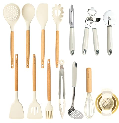 CAROTE Utensilios de Cocina de Silicona 16 Piezas, juego Utensilios de Cocina Resistencia al Calor y Antiadherente con Mango de Madera para Utensilios Accesorios Cocina, sin BPA