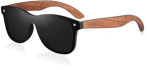 ANYPRO Holz Sonnenbrille Herren Polarisierte Sonnenbrillen Damen Vintage übergroße Sonnen Brille mit Holzbügeln und UV Schutz (Schwarz)