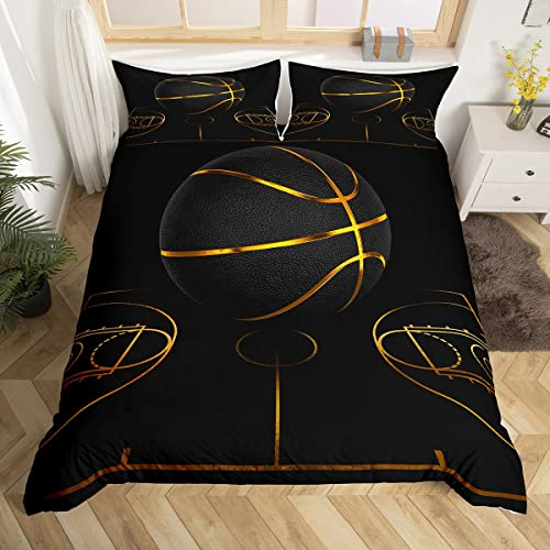 Loussiesd Teens Basketball Bettwäsche Jungen Sport Bettbezug Basketball Arena Bettwäsche 200x200cm Teenager Golden Schwarzer Ball Spiele Bettwäsche Set Kinder Cool Moderne Dekor mit 2 Kissenbezug