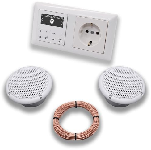 JUNG Smart Radio Unterputzradio DABABTWW DAB+ mit Bluetooth, JUNG AS 500 System alpinweiß, Komplett-Set mit 2 x Decken Feuchtraumlautsprecher Badezimmer + 20 m Lautsprecherkabel 2x0,75 mm2 + Steckdose