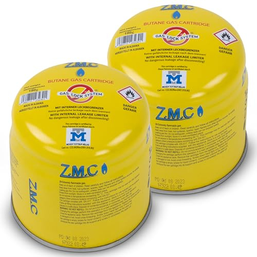 Z.M.C 2 cartuchos de gas butano de 190 g, tipo C200 EN417, cartuchos de gas butano con válvula de seguridad, cartucho de gas ideal para quemadores de gas, hornillos de camping, soplete, soplete de