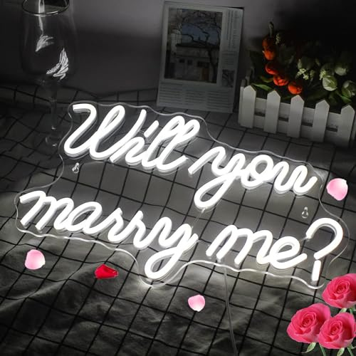 Neon Will You Marry Me Schild für Valentinstag, Antrag, Party, Hochzeit, Wanddekoration, LED, dimmbar, großes Neon-Nachtlicht, USB-betrieben für Freundin, Verlobte, 41,9 x 25,4 cm (kaltweiß)